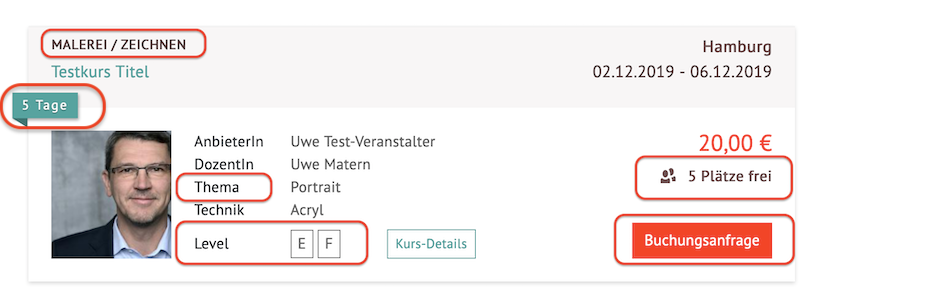 Kurs Listenansicht Neue Elemente